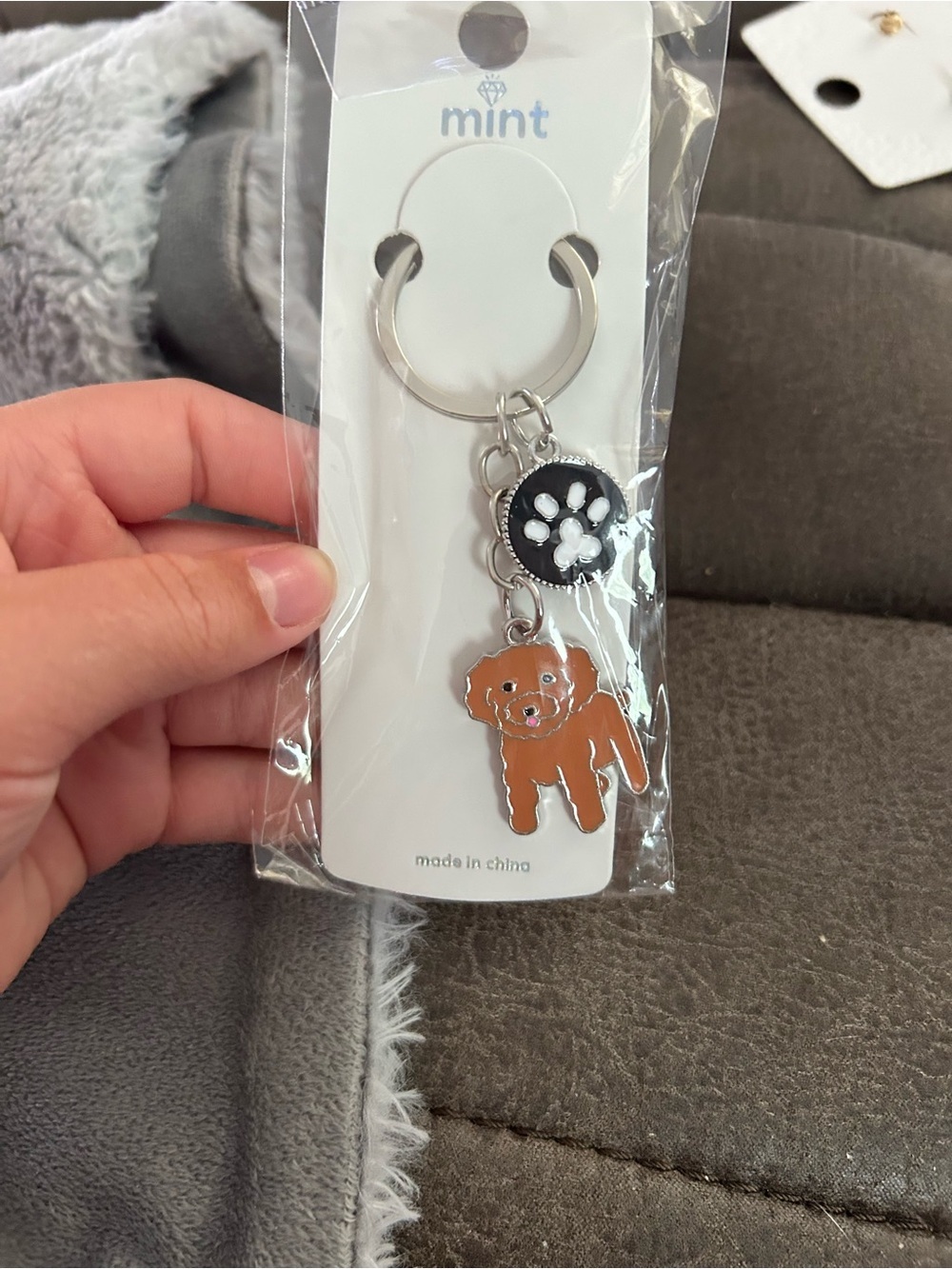 5/$25 Mint Brown Dog Paw Enamel Keychain with Black Paw Charm